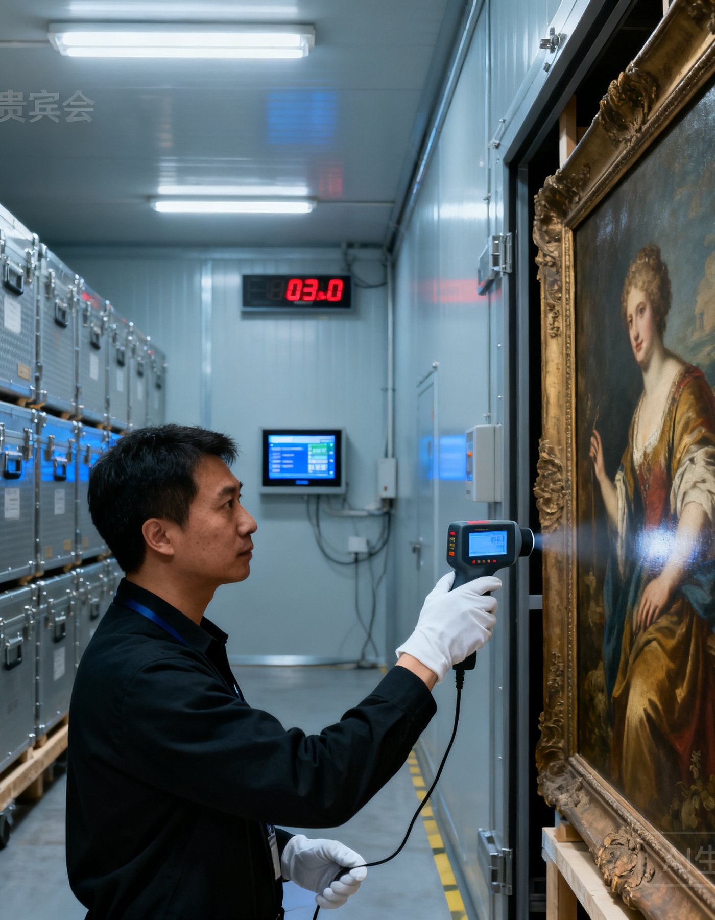 PA贵宾会艺术品恒温仓库内部，一名持证技师佩戴白手套正在使用专业仪器检查一幅古典油画的湿度状况，背景可见整齐排列的定制航空箱和温湿度监控显示屏
