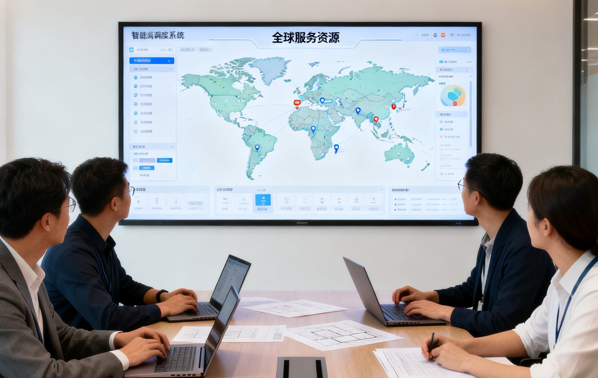 PA贵宾会技术团队在会议室讨论智能调度系统界面原型，大屏幕上显示全球服务资源实时地图